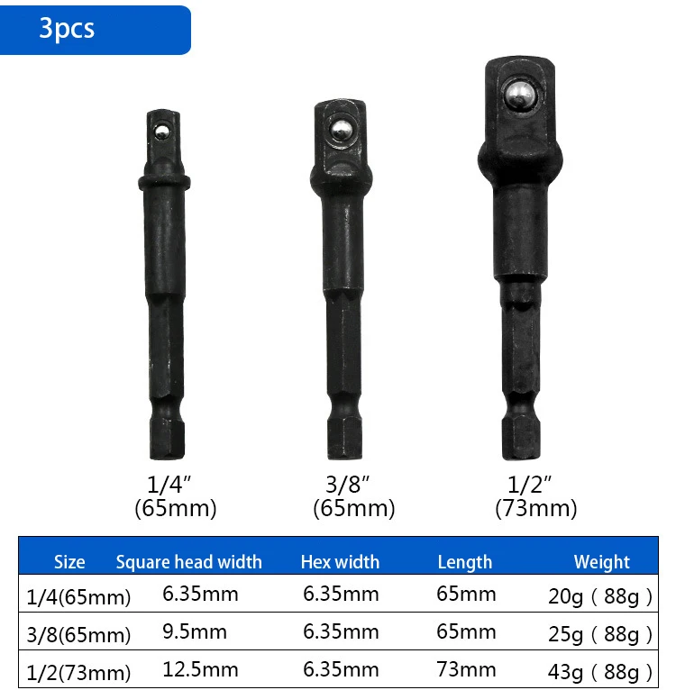 3pcs 65-73mm 3 шт./компл. 1/" 3/8" 1/" шестигранный Мощность головка для дрели ключ, дюймовый стандарт адаптер удлинитель сверла бар шестигранными битами Набор для электроинструменты - Цвет: 3pcs 65-73mm