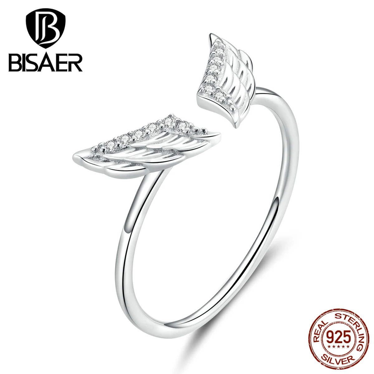 

BISAER Rings 925 Sterling Silver Angel Wings Openworked Finger Rings for Women Wedding Jewelry HVR108
