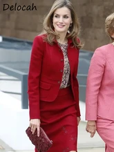  Delocah Autumn Women Fashion Runway Skirts Set Princess Long Sleeve Blouses + High Waist Red Pencil Midi Skirts 2 Pieces&nbsp;Suits 