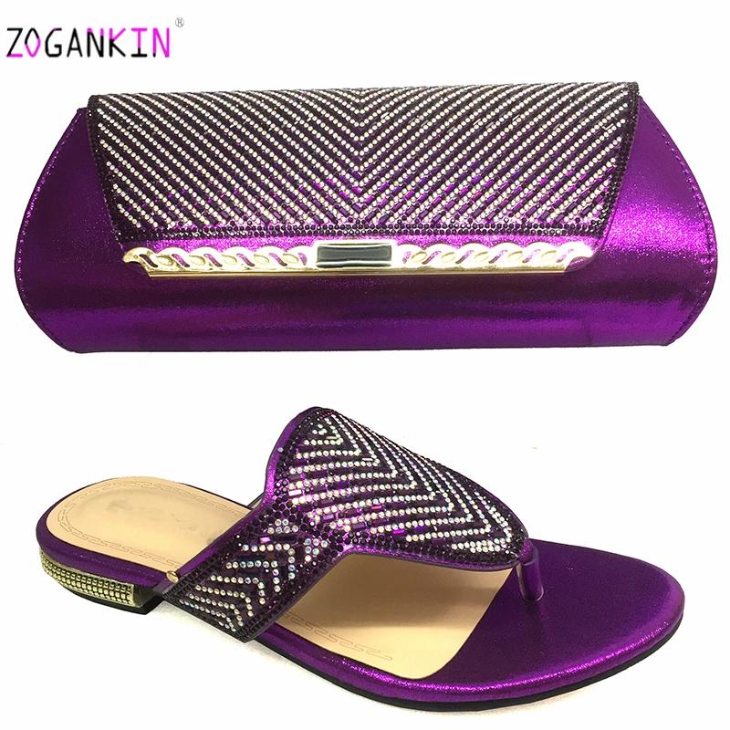 Высококачественная женская обувь и сумка в комплекте со стразами в нигерийском стиле; Лидер продаж; Итальянские женские шлепанцы для свадебной вечеринки - Цвет: Purple