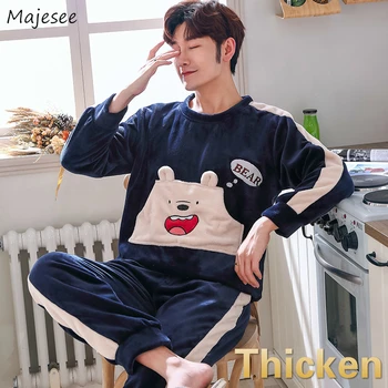 

Pajama Sets Men Cartoon Printed Plus Size 3XL Winter Flannel Warm Soft Comfortable Mens Korean Style Pajamas Homewear Stylish