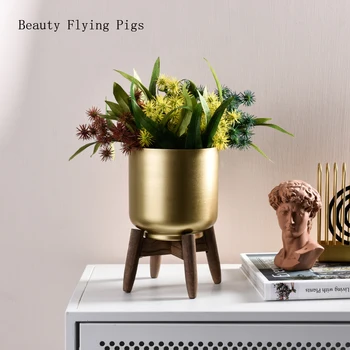 

Light luxury wooden frame metal flower pot artificial flower flower desktop potted home art golden vase decoration ornaments