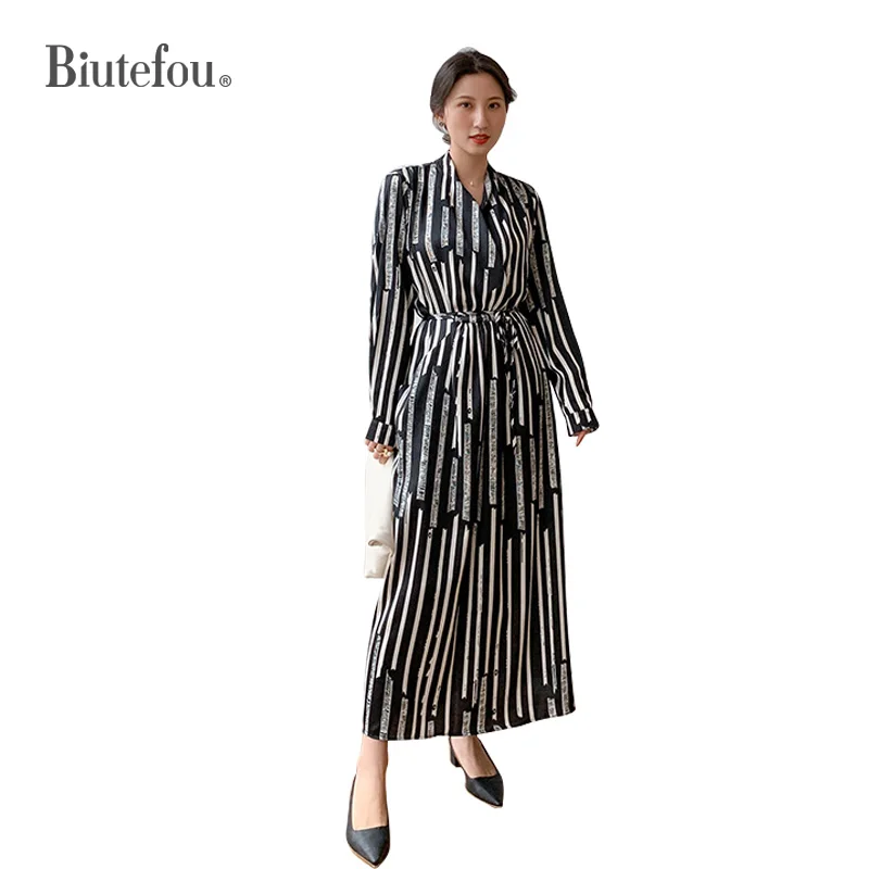 

2020 Spring and summer stripe dresses chiffon long sleeve lace women dresses