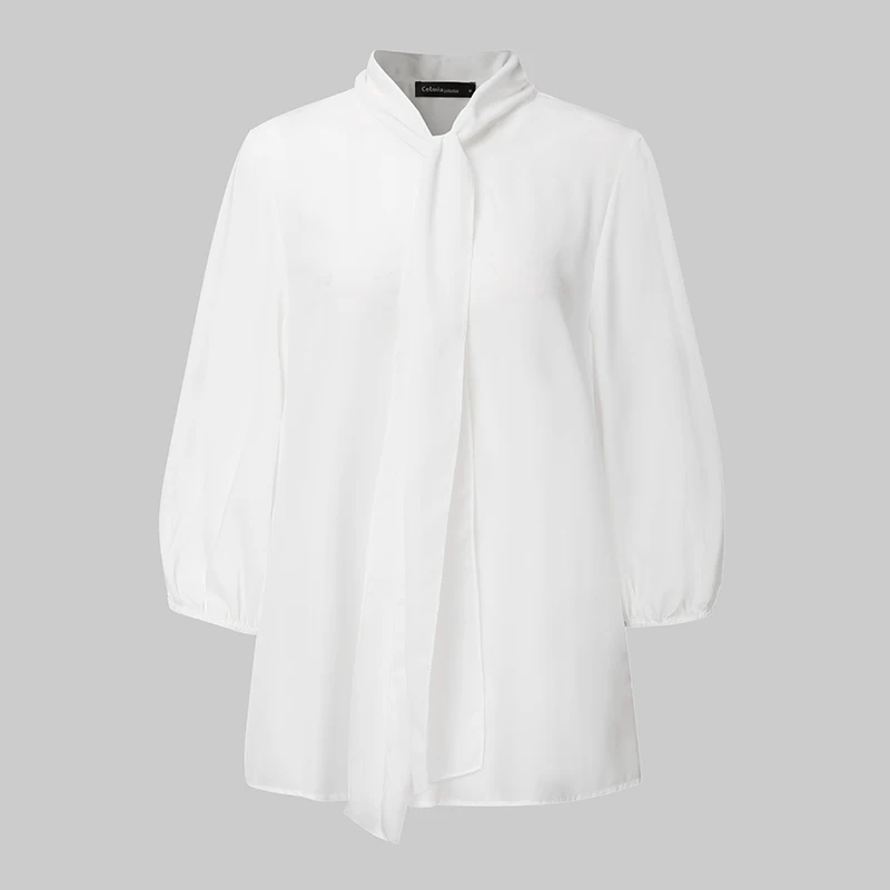 S-5XL, летние топы, женские блузки, 3/4 рукав, прозрачные, элегантные, офисные рубашки, повседневные, галстук-бабочка, воротник, свободные, одноцветные Блузы - Цвет: Белый