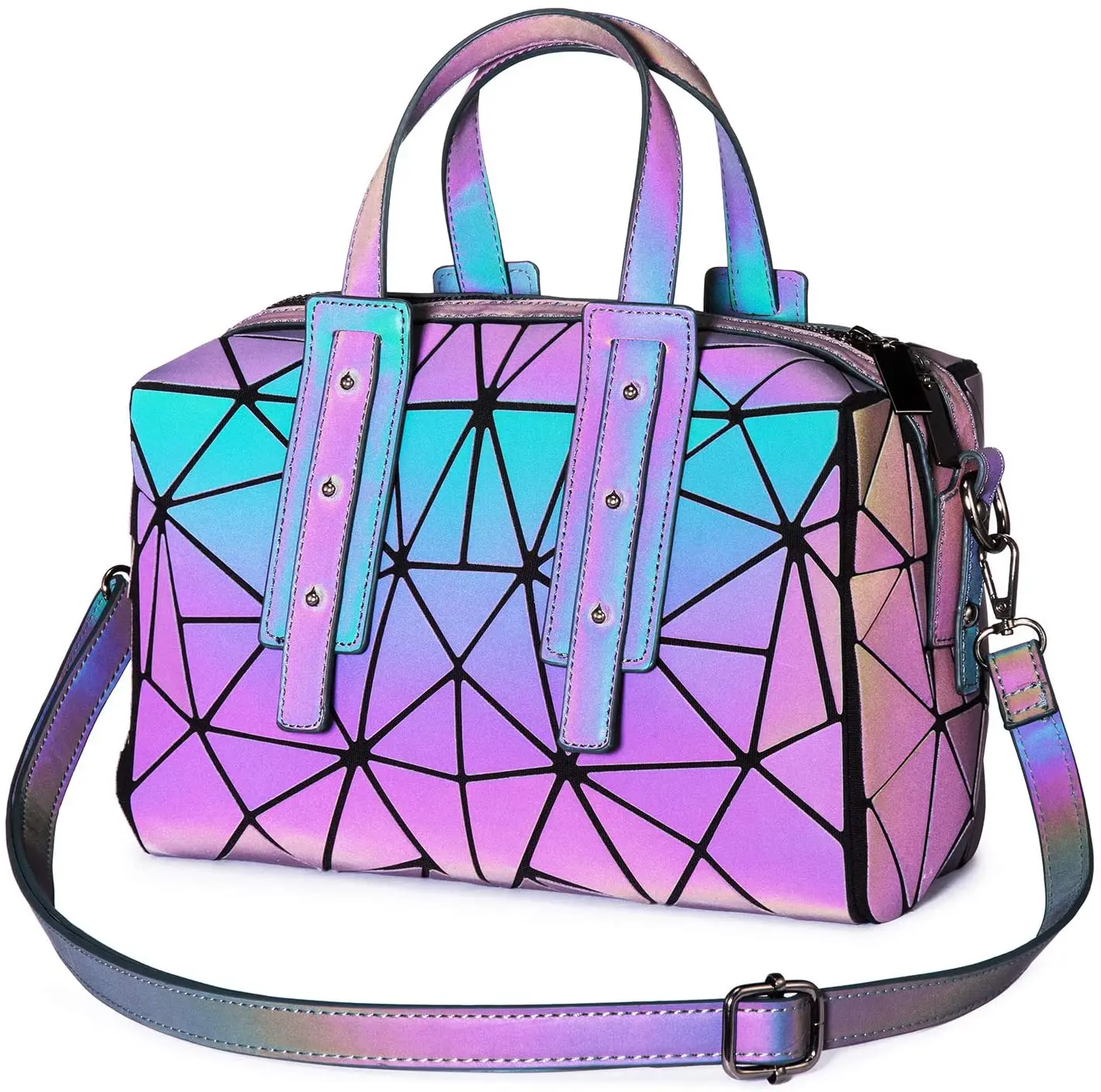 Holographic Geometric Luminous Purse Tote Handbag Reflective Women Makeup Bags 