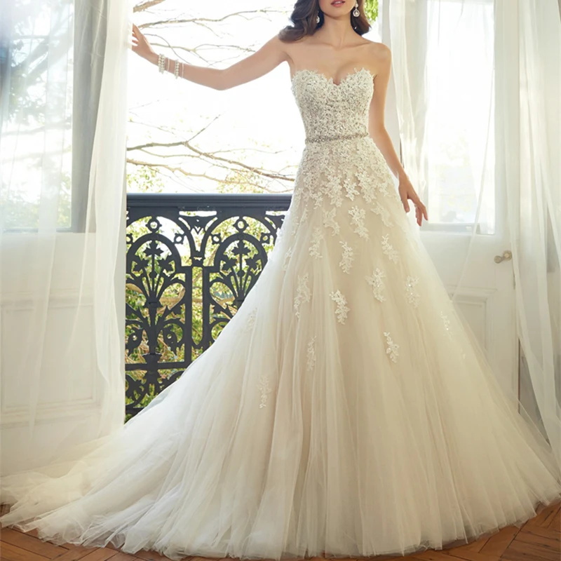 

Lace Sleeveless Wedding Gown 2019 New Fashion A-Line Appliques Wedding Dress Chapel Train Beading Bridal Gown robe de mariee