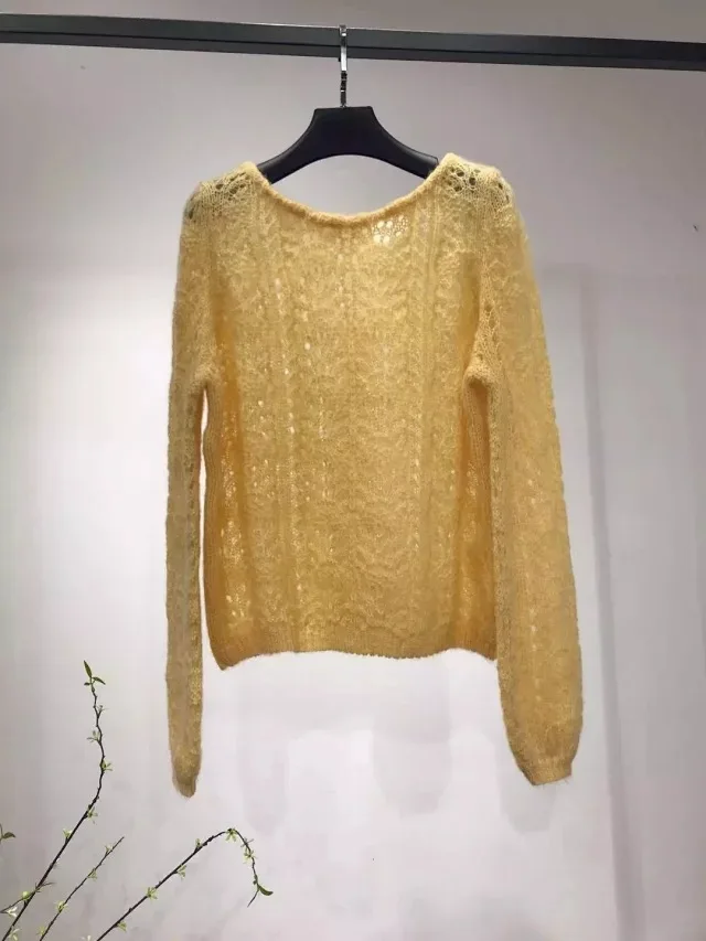 Осень и зима женский свитер сплошной цвет круглый вырез полые свободные мохер свитер женский - Цвет: SW19736-2
