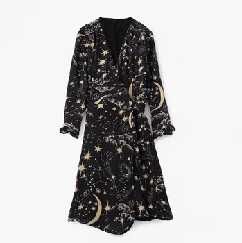 

Women Lace Up V Neck Dress Starmoon Print Long Sleeve Wrap Mini Dress 2020 New