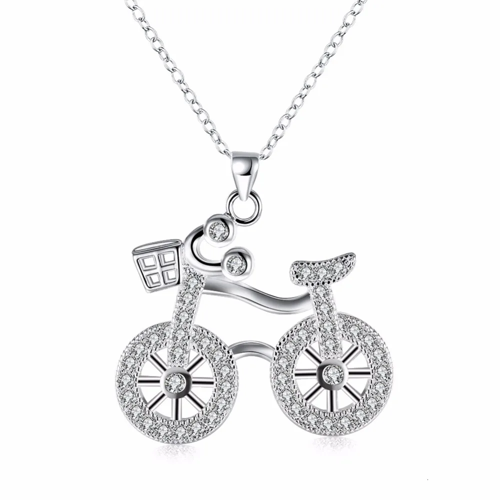 Lekani Real. 925 Sterling Silver Bicycle Cycle Necklace Pendant Bike With Clear Round Cz Aaa+ Rolo Chain Sterling-silver-jewelry