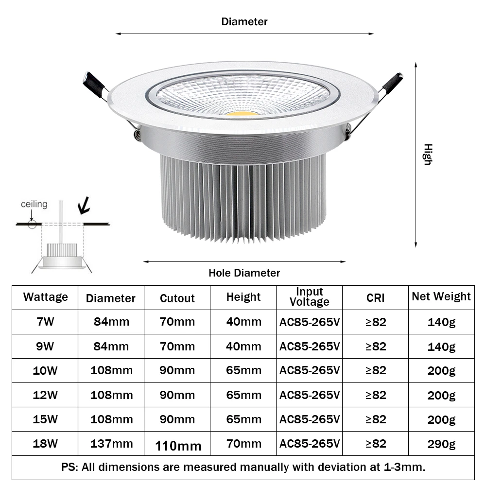 [DBF]Angle Adjustable Silver Body Dimmable LED Recessed Ceiling Downlight 7W 9W 12W 15W 18W With AC85-265V LED Driver Spot Lamp