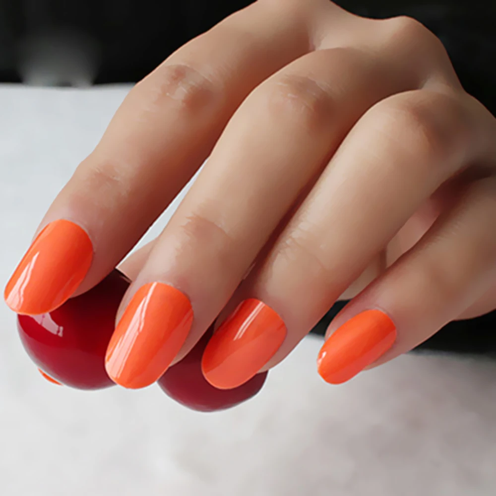 

24Pcs Shiny Macaron Orange Artificial Fake Nail For Design Short Lady False Nails On Tree DIY Press On Salon Tips Manicure Tool