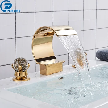 

Golden Waterfall Basin Faucet Dual Cristal HandlGolden Wae Widespread Bathroom Sink Mixer Tap Deck Mounted Bathtub Mixers Crane