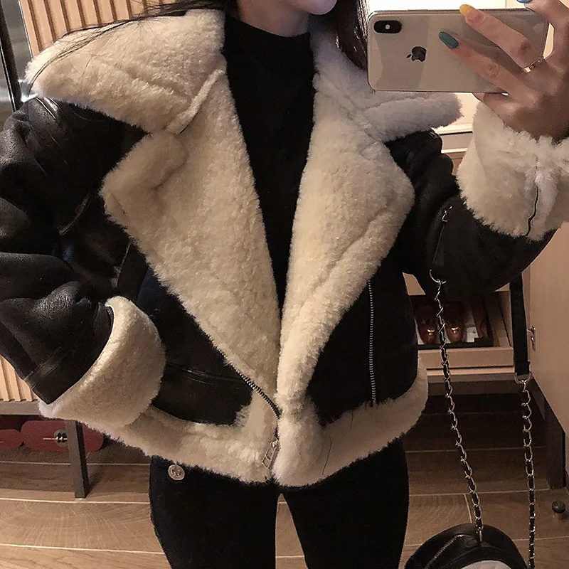 2019 Winter High -Quality Jacket Female Suede Lamb Keep Warm Wool Coat Motorcycle Lapels Coat Female Thicker Jacket Women black