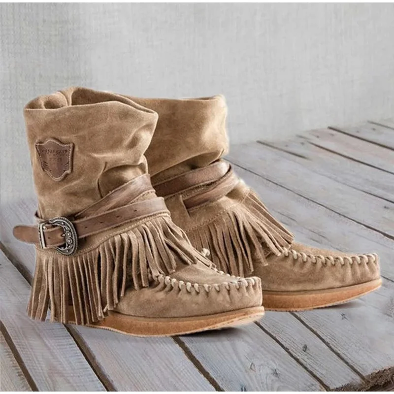 

Women Ankle Boots Woman Tassel Retro Boots Women's Buckle Fashion Suede Flat Ladies Female Casual Shoes Plus Size Botas Mujer