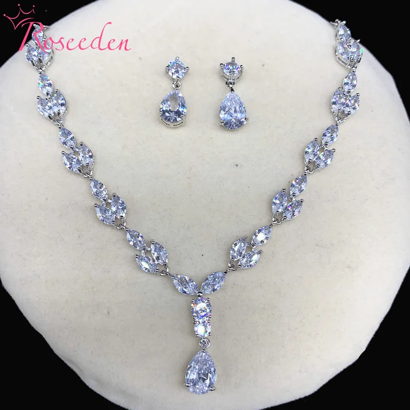 Elegant Teardrop Full Cubic Zirconia CZ Crystal Necklace and Earring Bridal Jewelry Set RE3681