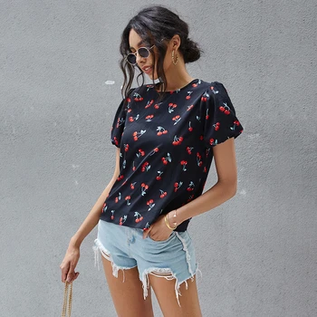 

Cute Cherry Print Puffy Sleeve Top T Shirts for Women Kawaii Solid Black O Neck Short Sleeve Cherry Tshirt Plus Size