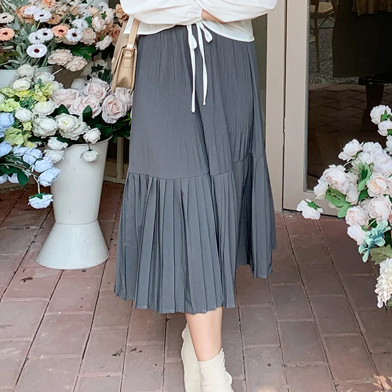

Korean Plus Size Big Hem Grey Skirts Women Loose Pleated Skirts High Waist A-Line Midi Skirt For Women Skirts Lady Trendy 2020