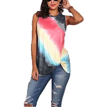 

Color Block Print Tank Tops Women Summer 2020 Bow Twisted Casual Tshirts Sleeveless Plus Size S-5XL Female O-Neck Streetwear
