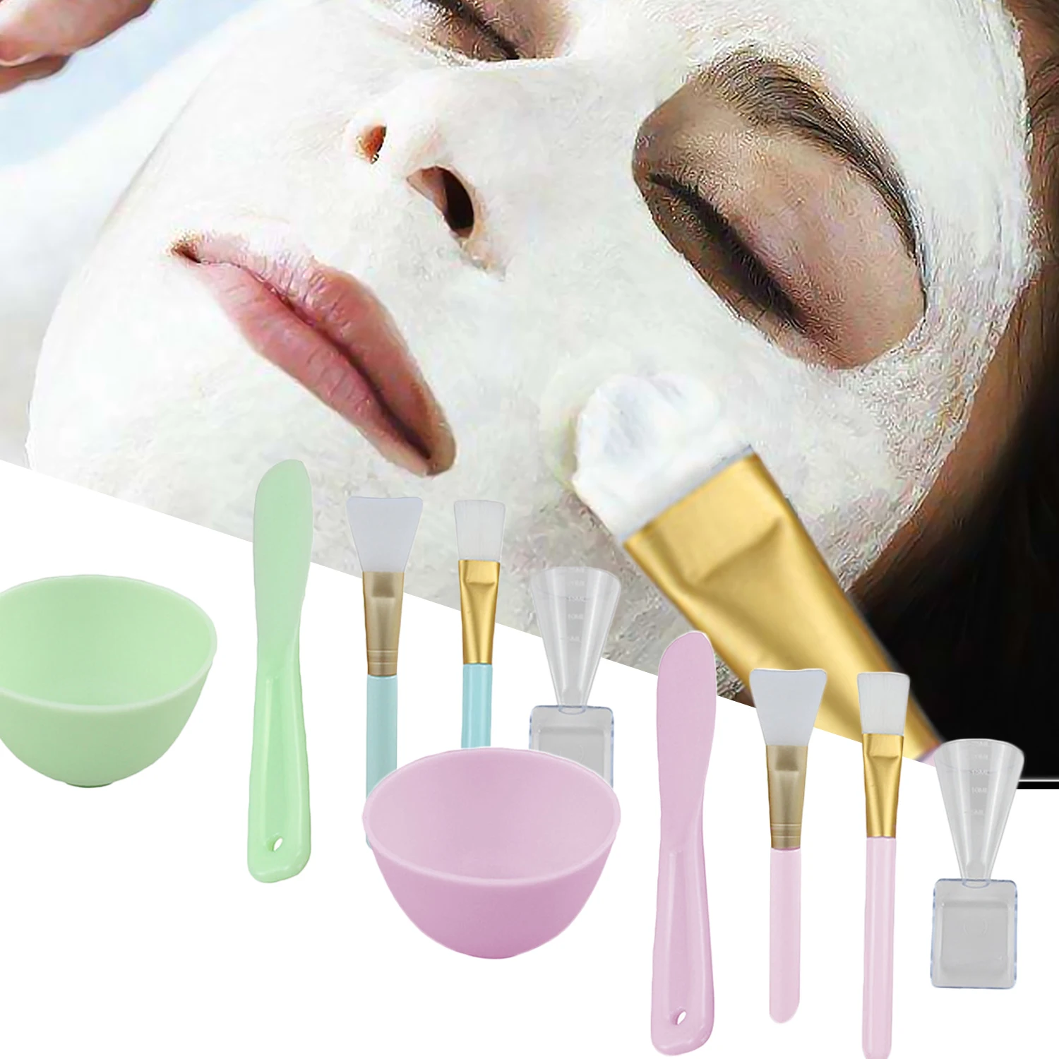 

5 in 1 Face Facial Mask Mixing Kit Silicone Brush + Nylon Brush + Stick Spatula Applicator + Measuring Cup + Mixing Bowl