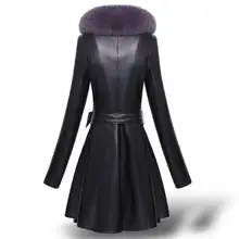 Leather Jacket Women Black Winter Warm Coat With Fake Fox Fur Collar Women'S Long Sleeve Slim Belt Coat Stylish Fall Streetwear