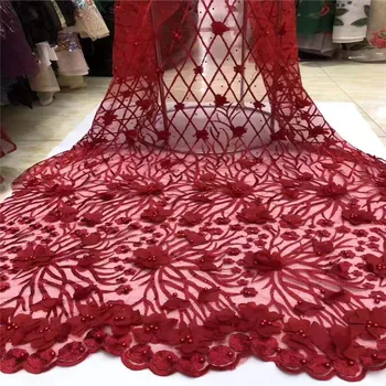 

Latest Red Tulle Lace Fabric High Quality Europe And American Fashion Fabric With Beads Stone French lace Fabrics