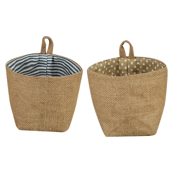 

2x Cotton Linen Art Flower Pot Small Sack Hanging Jute Cotton Dot Storage Basket Storage Bag(Yellow Point&Red Stripes)