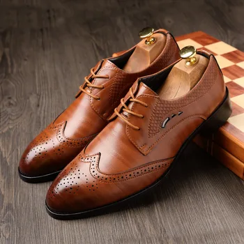

Men Derby Brogues Shoes Blue Black Brown Leather Shoes Lace-up Pointed Toe Carved Wing Tip Men Shoes