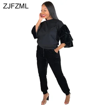

Fall Winter Velvet Sportswear Two Piece Sets Tracksuit Women Ruffles Flare Sleeve Crop Tops and High Waist Pants 2 Pcs Outfit