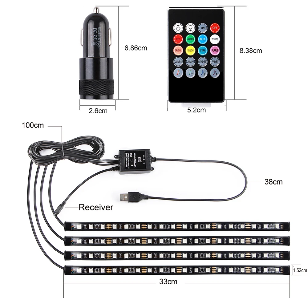 Автомобильный светодиодный rgb световые полосы 4 шт 5 в адресуемый умный многоцветный музыкальный атмосферный свет 72 светодиодный s лампа для салона автомобиля с пультом дистанционного управления
