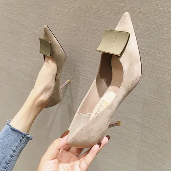 

2020 New Women Shoes Woman Pumps Pointed Toe Slip on Shallow Sexy Ladies Shoes Metal Square Buckle Thin High Heels Casual Shoes