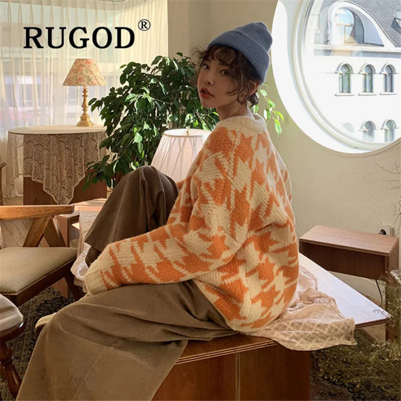 RUGOD, винтажный Желтый Клетчатый свитер, пуловеры для женщин с круглым вырезом, толстый Свободный вязаный свитер, корейская мода, Женская туника