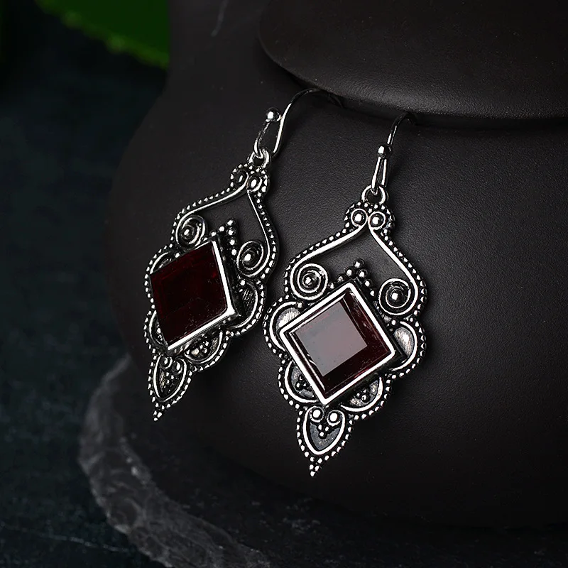 Bague Ringen Vintage Thai Silver 925 Jewelry Gemstone Earrings for Women Square Ruby Auspicious clouds Party Accessories GIFT