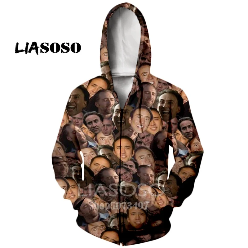 Коричневый LIASOSO, осень, новинка, модные мужские и женские толстовки, 3D принт, звезда, Николя, клетка, забавное лицо, Повседневная Толстовка, унисекс, хип-хоп, на молнии, топы - Цвет: Коричневый