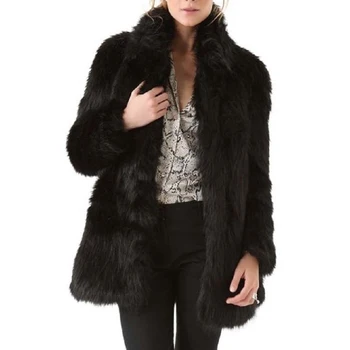 

Hot Women Winter Faux Furs Coat Stand Collar Black Fluffy Long Sleeves Warm Female Tops K2