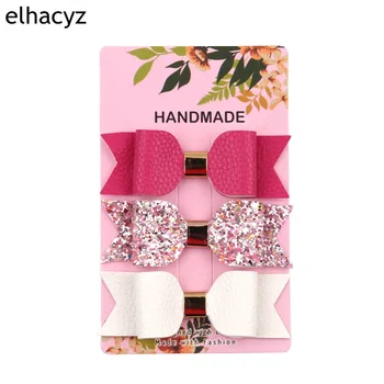 

Europe And America Barrettes Baby Packaged Combination Glittering Powder Glitter Bow Headband Embossed Leather Fully Bag Clip 3