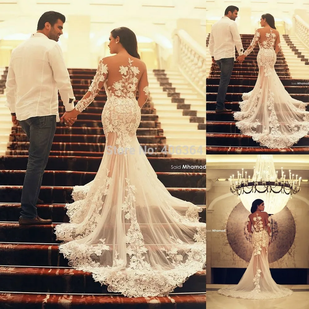

Sexy Transparent White Appliques Long Sleeves Court Train Mermaid Bridal Gown Wedding Dresses 2019 Vestido de Noiva