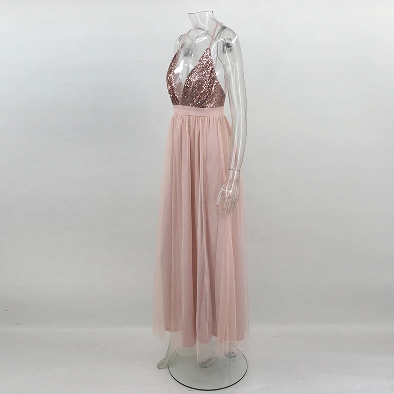 PFFLOOK Mesh Sequin Sexy Maxi Dress Women Deep V Neck Cross Back Backless Long Dress Elegant Sleeveless Solid Summer Party Dress