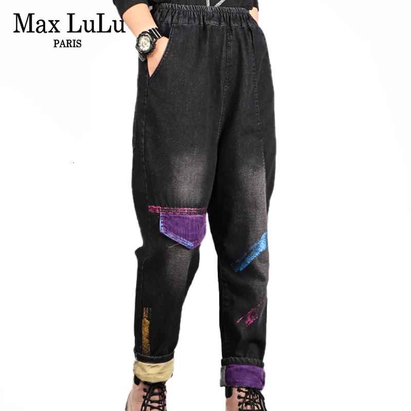 Max LuLu Новинка Зимние Модные женские винтажные лоскутные джинсы женские меховые теплые окрашенные шаровары повседневные свободные джинсовые брюки