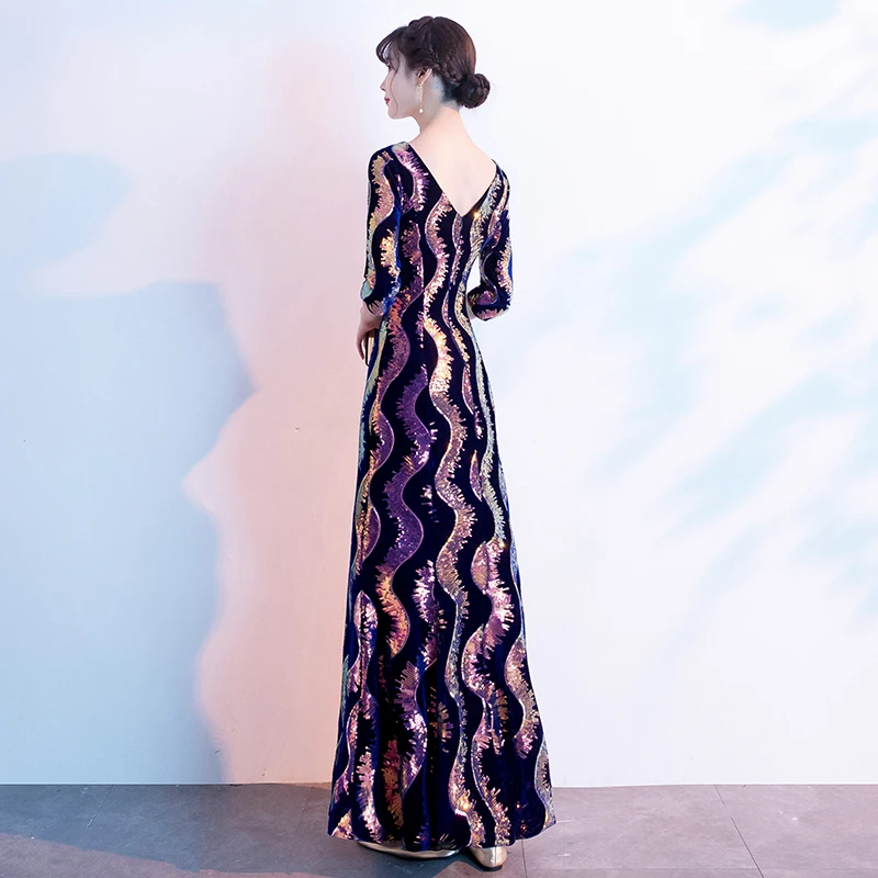Wei yin AE0262 Robe De Soiree, стиль, трапециевидные Длинные вечерние платья, с блестками, v-образный вырез, половина рукава, элегантные вечерние платья
