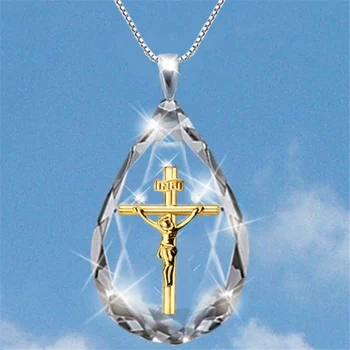 

Crystal waterdrop pendant Necklace Jesus Cross Necklace Jewelry Gift