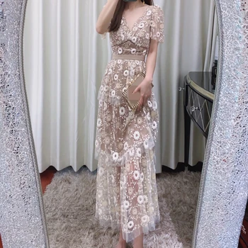

2020 summer woman mesh dress runway high waist embroidery dresses