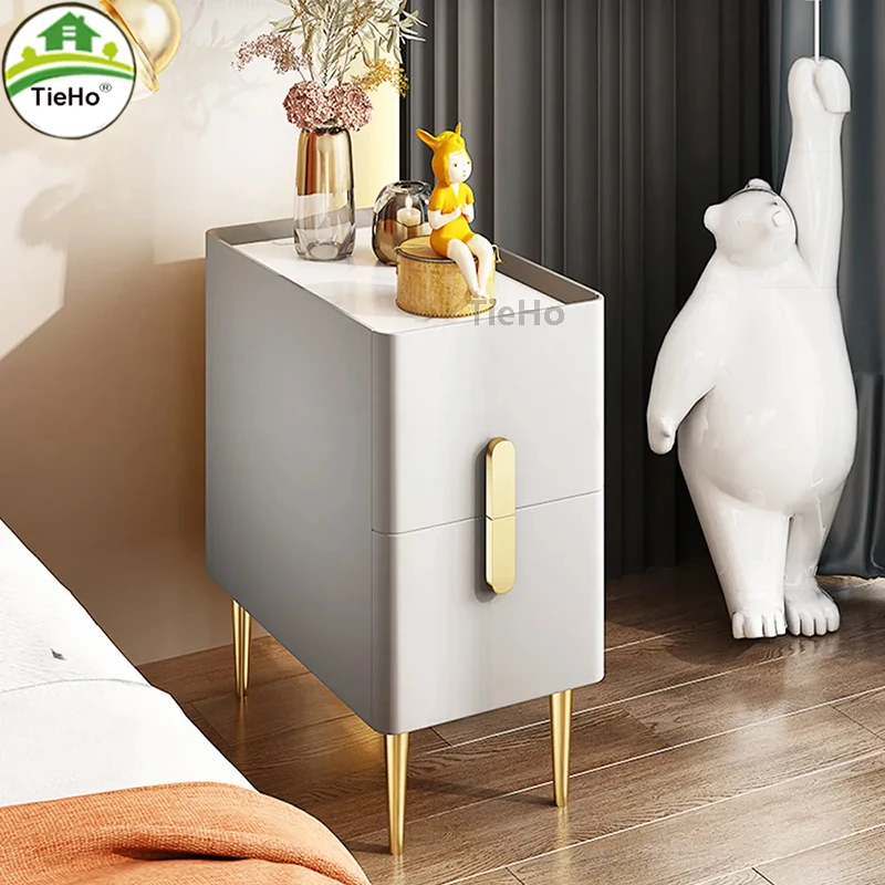 Luxury 30cm Narrow Nightstand With Marble Top 2 Drawers Bedside Table