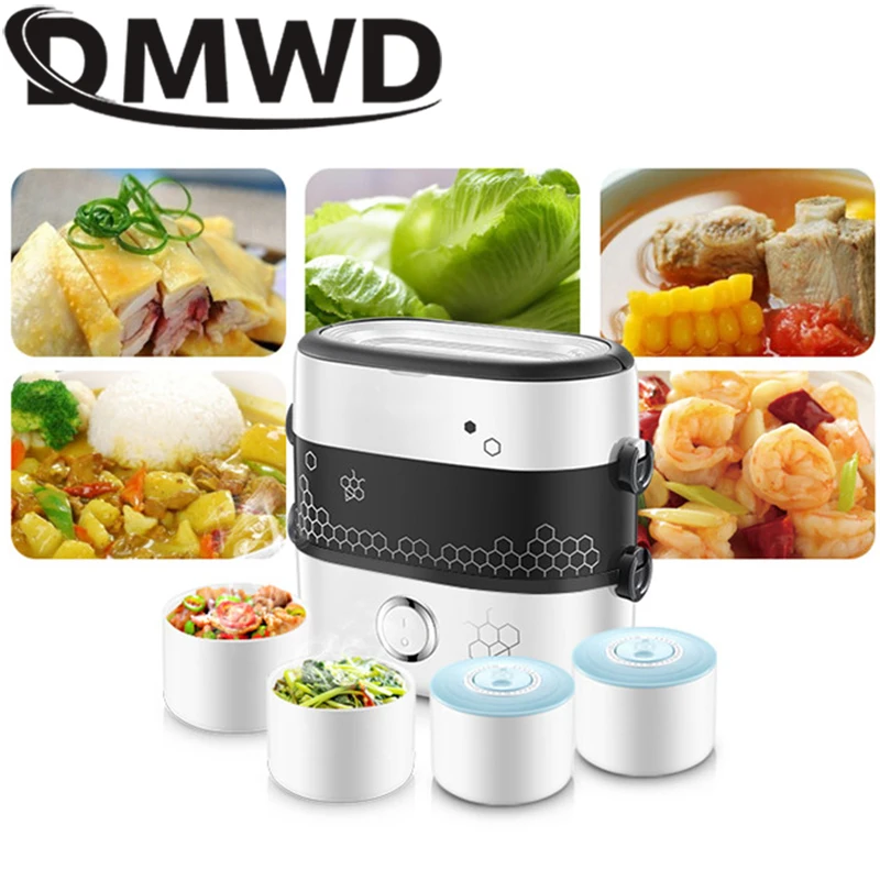 DMWD электрическая мини-рисоварка, мультиварка, подогреватель пищи, пароварка для яиц, 2 слоя, керамическая подкладка, 1,5 л, портативная изоляционная Ланч-бокс