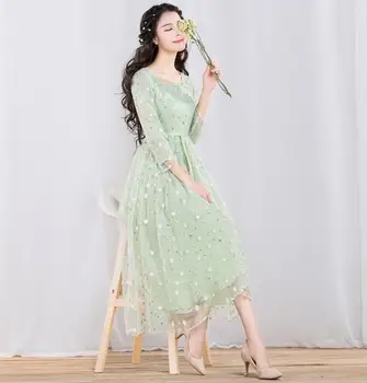 

Vintage Elegant Party Dress 2020 Spring Summer Korean sweet embroidery flowers mesh Dress Vestidos r298