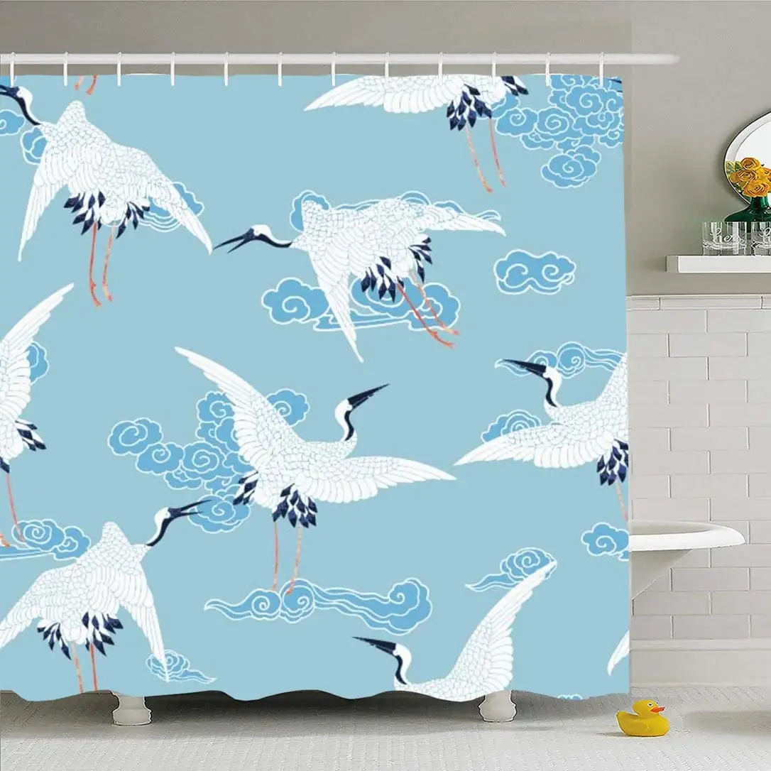 

Shower Curtain Set with Hooks 60x72 Tradition On Chinese Elderly Cloud Crane Motif for Topranking Bird Symbolizing Longevity