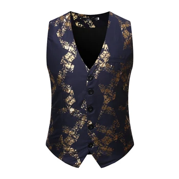 

Gold Flower Printed Mens Waistcoats Slim Fit Men Vest Suit Streetwear Casual Paisley Sleeveless Jacket For Party Wedding 3XL