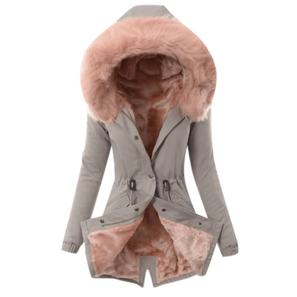 Женский Тренч, куртка, женская зимняя утепленная меховая подкладка, пальто, женская зимняя теплая Толстая длинная куртка с капюшоном, женское тонкое пальто#45 - Цвет: Gray