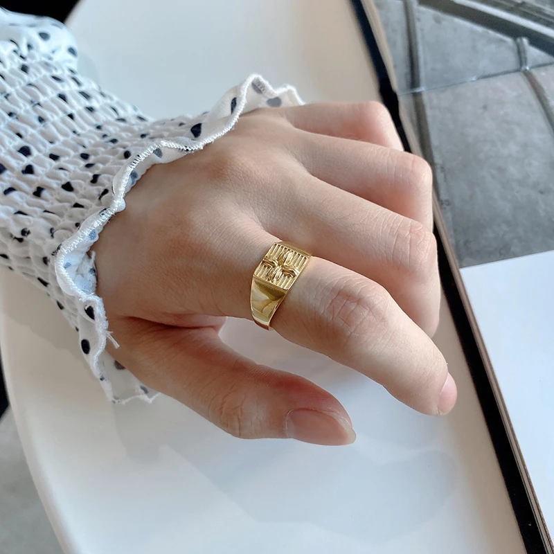 LouLeur, Настоящее серебро 925 пробы, цветок, золотые кольца, высокое качество, широкие, вечерние, открытые кольца для женщин, новая мода, хорошее ювелирное изделие, подарки
