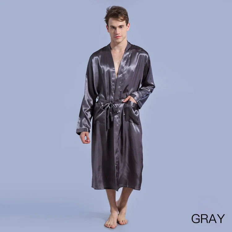 Повседневные мужские халаты, Брендовые мужские одноцветные шелковые пижамы, мужские пижамы, одежда для отдыха, домашняя одежда, мужское нижнее белье, халаты, новинка - Цвет: Серый