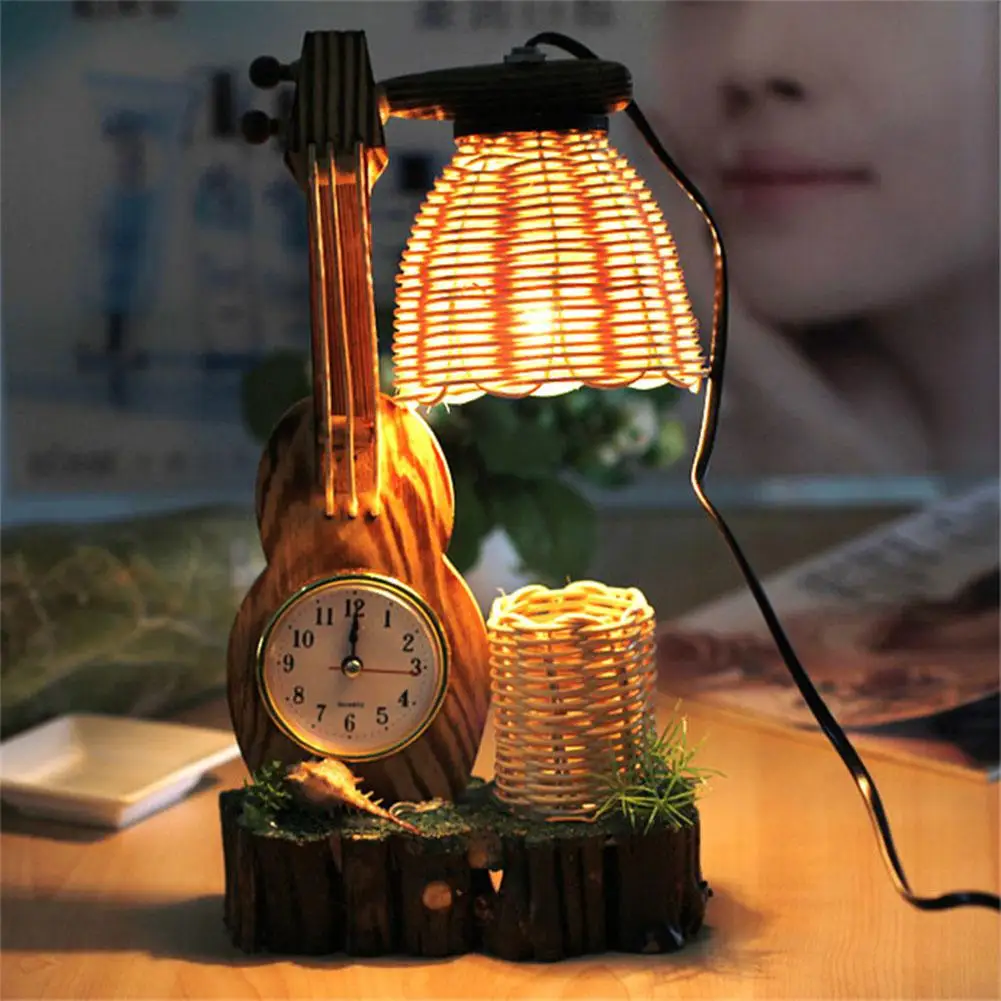 

Yfashion Exquisite Wooden Violin Design with Clock Desk Lamp Handmade Warm Yellow Light Table Lamp